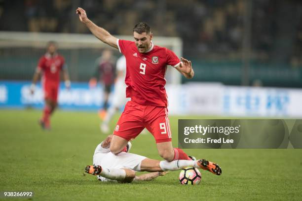 Sam Vokes of Wales in action during 2018 China Cup International Football Championship between Wales and Uruguay at Guangxi Sports Center on March...