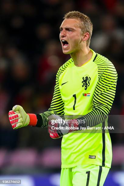 Jasper Cillessen of Holland celebrates the first goal during the International Friendly match between Portugal and Holland at Stade de Geneve on...