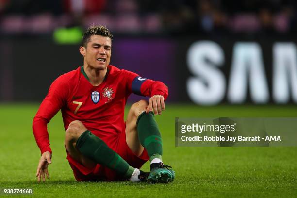 Cristiano Ronaldo of Portugal reacts during the International Friendly match between Portugal and Holland at Stade de Geneve on March 26, 2018 in...