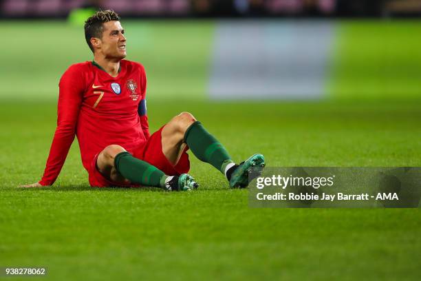 Cristiano Ronaldo of Portugal reacts during the International Friendly match between Portugal and Holland at Stade de Geneve on March 26, 2018 in...