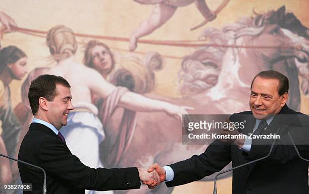 Russian President Dmitry Medvedev and Italian Prime Minister Silvio Berlusconi attend a joint press conference at Villa Madama December 3, 2009 in...