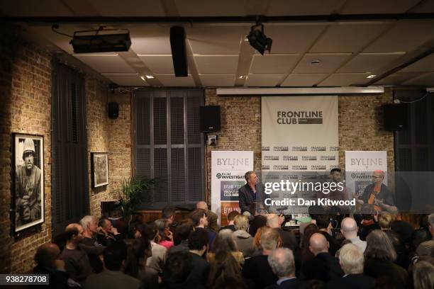 Whistleblowers Shahmir Sanni and Christopher Wylie speak during a press conference at the Frontline Club on March 26, 2018 in London, England. Former...