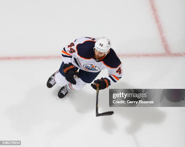 Zack Kassian of the Edmonton Oilers skates against the Calgary Flames at Scotiabank Saddledome on March 13, 2018 in Calgary, Alberta, Canada. Zack...