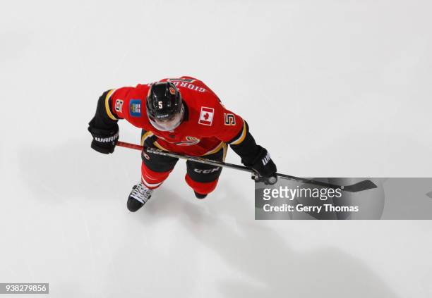 Mark Giordano of the Calgary Flames skates against the Edmonton Oilers at Scotiabank Saddledome on March 13, 2018 in Calgary, Alberta, Canada. Mark...