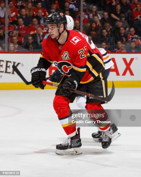 Sean Monahan of the Calgary Flames skates against the Edmonton Oilers at Scotiabank Saddledome on March 13, 2018 in Calgary, Alberta, Canada. Sean...