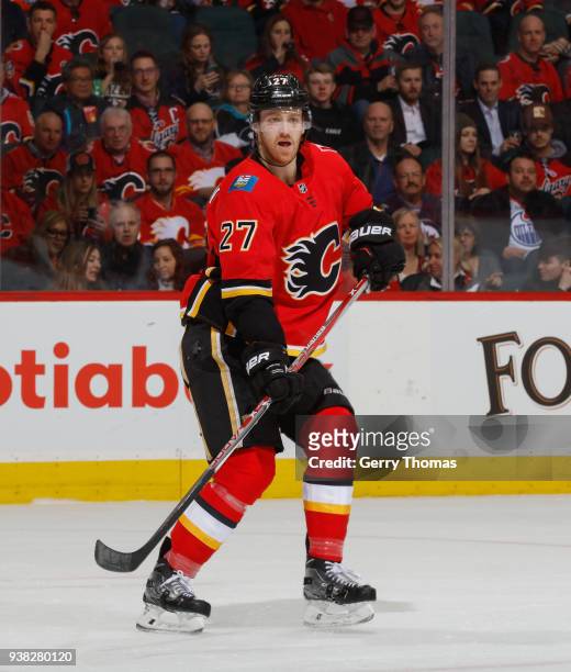 Dougie Hamilton of the Calgary Flames skates against the Edmonton Oilers at Scotiabank Saddledome on March 13, 2018 in Calgary, Alberta, Canada....