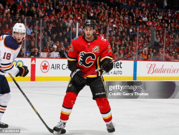 Sean Monahan of the Calgary Flames awaits a pass against the Edmonton Oilers at Scotiabank Saddledome on March 13, 2018 in Calgary, Alberta, Canada....