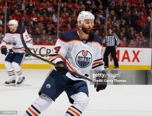 Zack Kassian of the Edmonton Oilers skates against the Calgary Flames at Scotiabank Saddledome on March 13, 2018 in Calgary, Alberta, Canada. Zack...