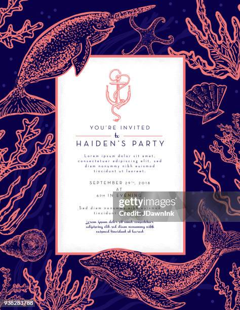 nautical themed invitation design template with narwhal whale, algae and sea shells - shell stock illustrations