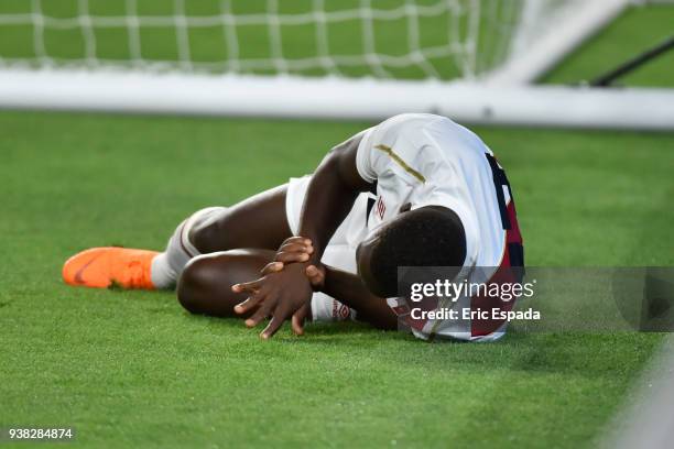 Luis Advincula of Peru reacts during the international friendly match between Peru and Croatia at Hard Rock Stadium on March 23, 2018 in Miami...