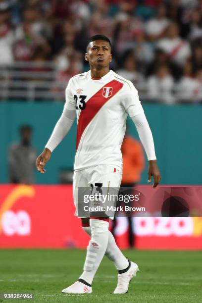 Pedro Aquino of Peru looks on during the international friendly match between Peru and Croatia at Hard Rock Stadium on March 23, 2018 in Miami...