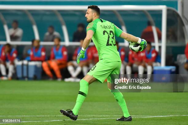 Danijel Subasic goalkeeper of Croatia throws the ball during the international friendly match between Peru and Croatia at Hard Rock Stadium on March...