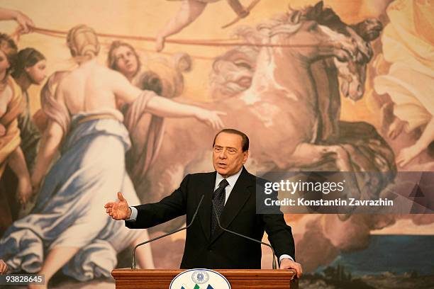 Italian Prime Minister Silvio Berlusconi attends a joint press conference during a meeting with Russian President Dmitry Medvedev at Villa Madama...