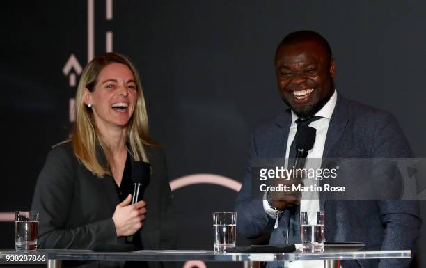 Nia Kuenzer and Gerald Asamoah speak to the audience during Integration Prize Awarding Ceremony at Axica Kongress- und Tagungszentrum on March 26,...
