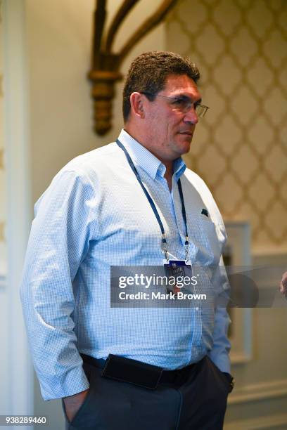 Carolina Panthers head coach Ron Rivera attends the 2018 NFL Annual Meetings at the Ritz Carlton Orlando, Great Lakes on March 26, 2018 in Orlando,...