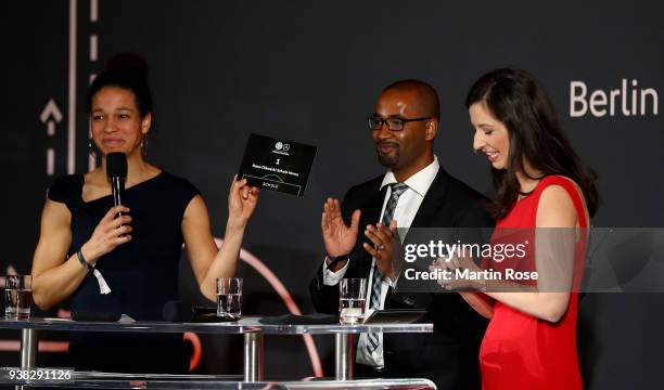 Celia Sasic and Cacau talk to the audience during Integration Prize Awarding Ceremony at Axica Kongress- und Tagungszentrum on March 26, 2018 in...