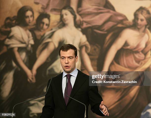 Russian President Dmitry Medvedev speaks at a joint press conference during a meeting with Italian Prime Minister Silvio Berlusconi at Villa Madama...