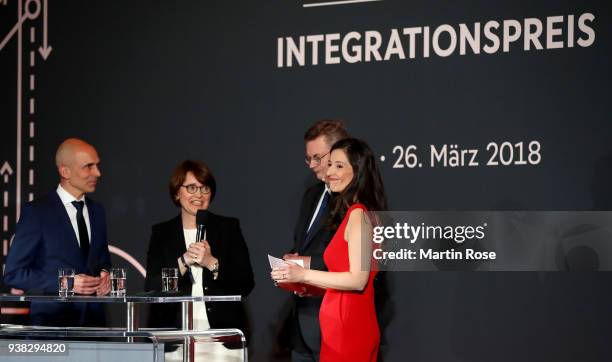 Dirk Jacobs, State Minister Annette Widmann-Mauz, DFB president Reinhard Grindel and moderaor Pinar Atalay talk to the audience during Integration...