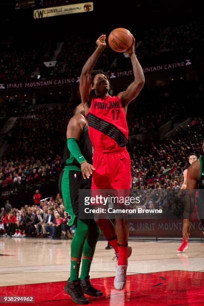 Ed Davis of the Portland Trail Blazers shoots the ball against the Boston Celtics on March 23, 2018 at the Moda Center Arena in Portland, Oregon....