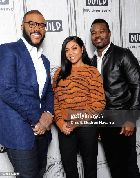 Tyler Perry,Taraji P. Henson and Lyriq Bent attend Build Series to discuss the film 'Acrimony' at Build Studio on March 26, 2018 in New York City.