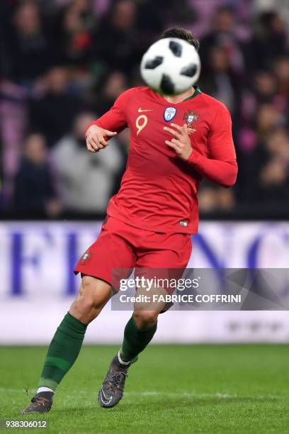 Portugal's forward Andre Silva controls the ball during the international friendly football match between Portugal and Netherlands at Stade de Geneve...