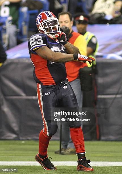 Marshawn Lynch of the Buffalo Bills celebrates after he scored a 15-yard rushing touchdown in the second quarter against the New York Jets at Rogers...