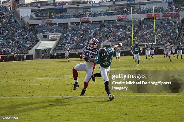 Lee Evans of the Buffalo Bills catches a pass for a touchdown during a NFL game against the Jacksonville Jaguars at Jacksonville Municipal Stadium on...