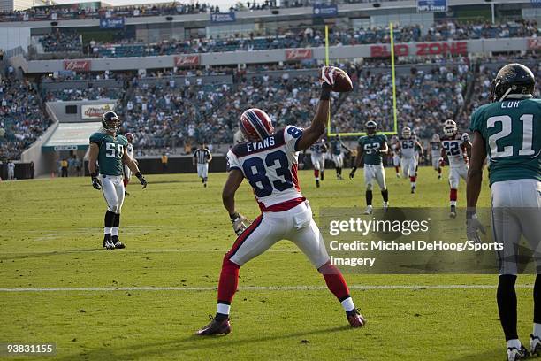 Lee Evans of the Buffalo Bills spikes the ball after a touchdown during a NFL game against the Jacksonville Jaguars at Jacksonville Municipal Stadium...