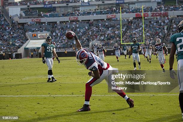 Lee Evans of the Buffalo Bills spikes the ball after a touchdown during a NFL game against the Jacksonville Jaguars at Jacksonville Municipal Stadium...