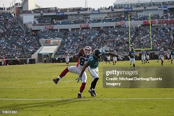 Lee Evans of the Buffalo Bills catches a pass for a touchdown during a NFL game against the Jacksonville Jaguars at Jacksonville Municipal Stadium on...