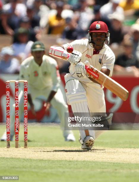 Shivnarine Chanderpaul of the West Indies plays a ball to mid-on during day one of the Second Test match between Australia and the West Indies at...