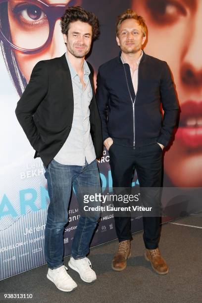Director Yannick Renier and Director Jeremie Renier attend "Carnivores" Paris Premiere at UGC Cine Cite des Halles on March 26, 2018 in Paris, France.