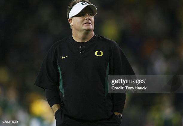 Head coach Chip Kelly of the Oregon Ducks watches play in the second quarter against the Oregon State Beavers at Autzen Stadium on December 3, 2009...