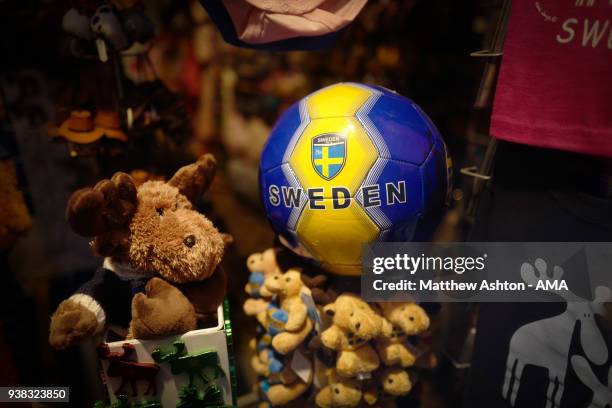 Yellow and blue football in a shop window in Stockholm, Sweden prior to the International Friendly match between Sweden and Chile at Friends arena on...