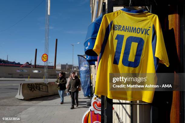 The first yellow national team shirt of Sweden with Zlatan Ibrahimovic and the number ten on the back hanging from a store in Stockholm, Sweden prior...