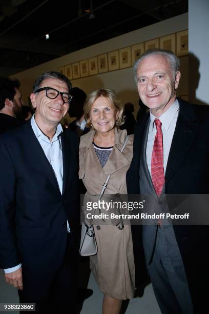 President of Centre Pompidou Serge Lasvignes, Alain Flammarion and his wife Suzanna Flammarion attend the "Chagall, Lissitzky, Malevitch......
