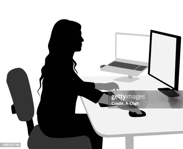 ilustrações de stock, clip art, desenhos animados e ícones de multitalking computer skills - mulher computador