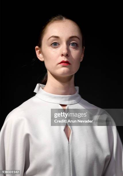 Model walks the runway wearing PYT at 2018 Vancouver Fashion Week - Day 4 on March 22, 2018 in Vancouver, Canada.