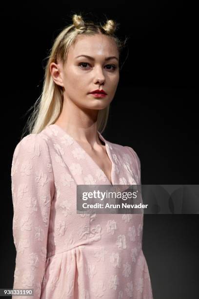 Model walks the runway wearing PYT at 2018 Vancouver Fashion Week - Day 4 on March 22, 2018 in Vancouver, Canada.