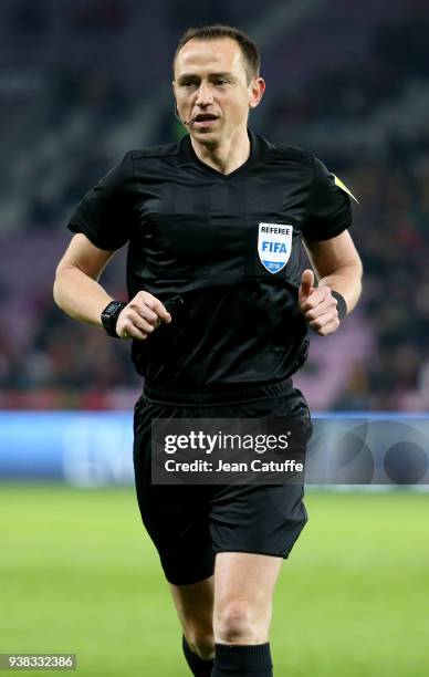 Referee Ruddy Buquet of France during the international friendly match between Portugal and the Netherlands at Stade de Geneve on March 26, 2018 in...