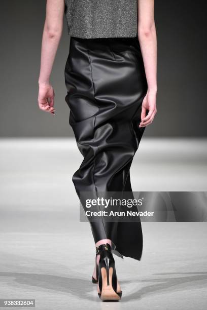 Model walks the runway wearing Wet Ink at 2018 Vancouver Fashion Week - Day 4 on March 22, 2018 in Vancouver, Canada.