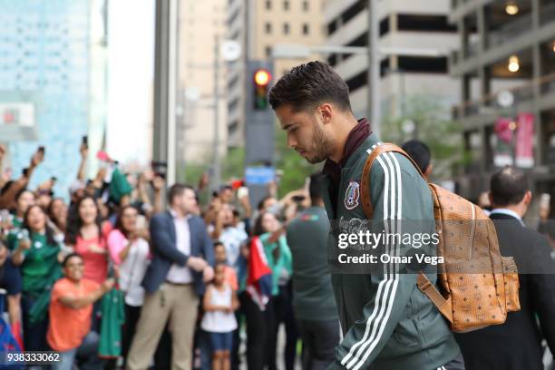 Diego Reyes of Mexico looks on during the arrival of Mexican National Team at Westin Hotel on March 25, 2018 in Dallas, Texas. Mexico will face...