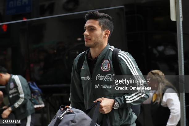Raul Jimenez of Mexico looks on during the arrival of Mexican National Team at Westin Hotel on March 25, 2018 in Dallas, Texas. Mexico will face...