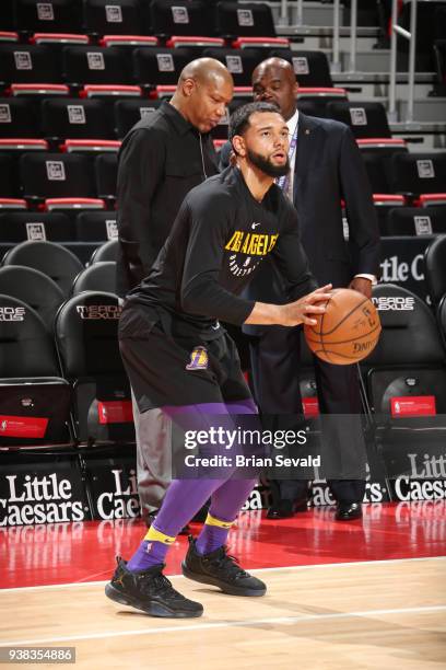 Tyler Ennis of the Los Angeles Lakers warms up prior to the game against the Detroit Pistons on March 26, 2018 at Little Caesars Arena in Detroit,...