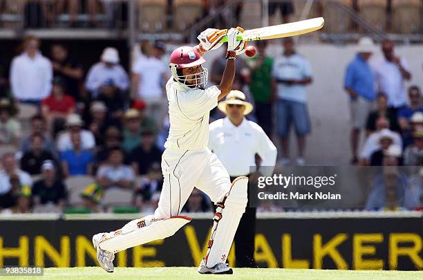 Ramnaresh Sarwan of the West Indies plays a shot square of the wicket and is caught by Michael Clarke of Australia during day one of the Second Test...