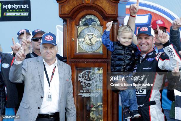 Clint Bowyer, Stewart-Haas Racing, Ford Fusion Haas Automation Demo Day celebrates winning the weather delayed running of the Monster Energy NASCAR...