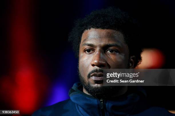Solomon Hill of the New Orleans Pelicans walks onto the court during the first half of a NBA game against the Dallas Mavericks at the Smoothie King...