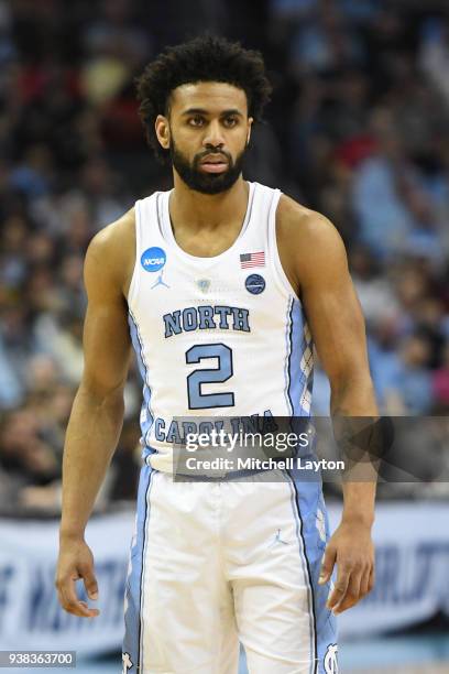 Joel Berry II of the North Carolina Tar Heels looks on during the second round of the 2018 NCAA Men's Basketball Tournament against the Texas A&M...