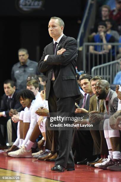 Head coach Billy Kennedy of the Texas A&M Aggies looks on during the second round of the 2018 NCAA Men's Basketball Tournament against the North...