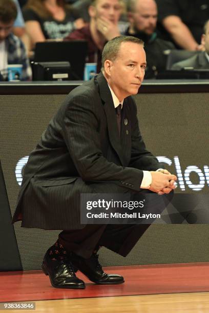 Head coach Billy Kennedy of the Texas A&M Aggies looks on during the second round of the 2018 NCAA Men's Basketball Tournament against the North...